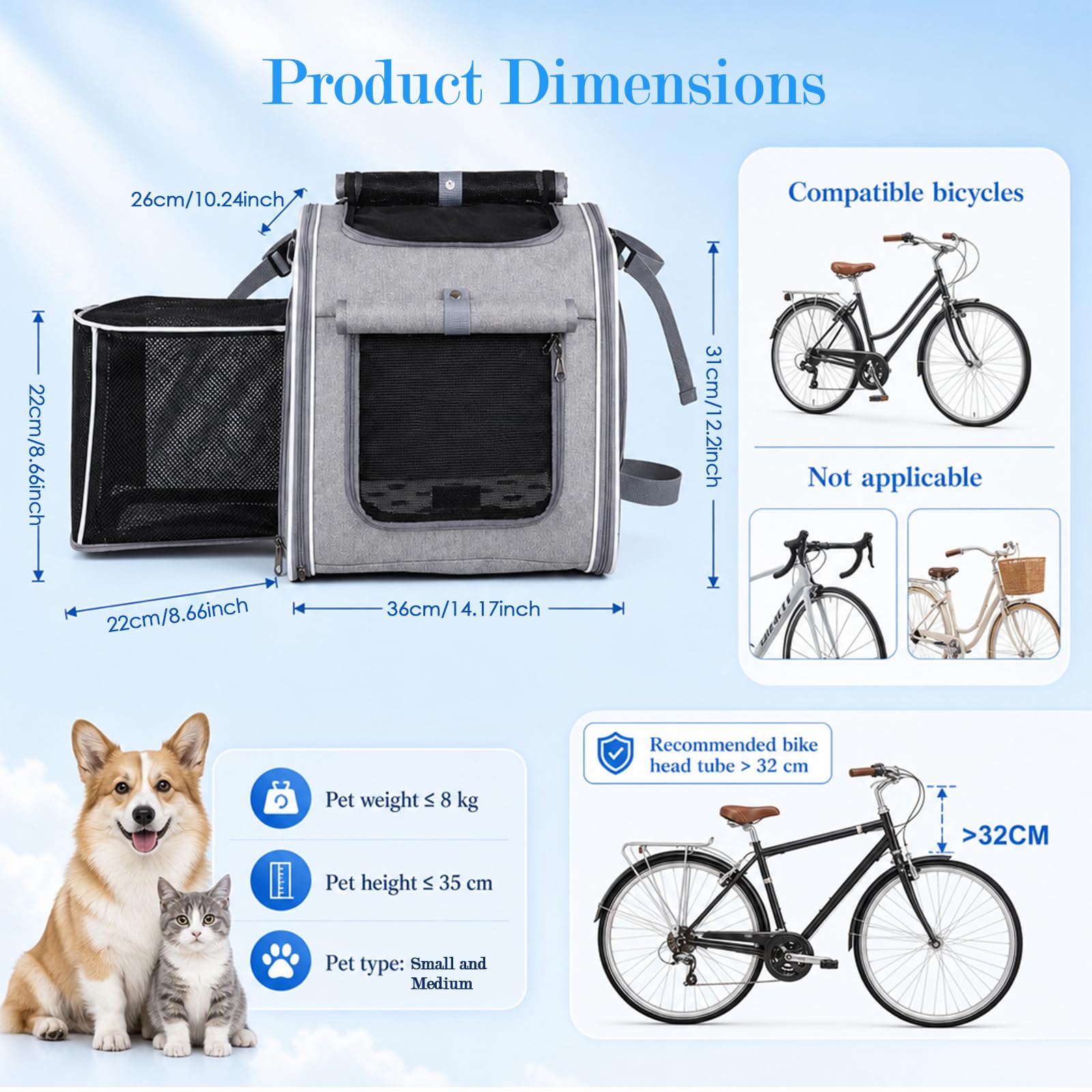 Hundefahrradkorb vorne, Faltbarer Erweiterbarer Fahrradkorb für Hunde mit Sicherheitsgurt & Mesh-Fenstern, Wasserabweisende Transporttasche für Kleine Hunde Katzen für Die Meisten Fahrräder - Grau