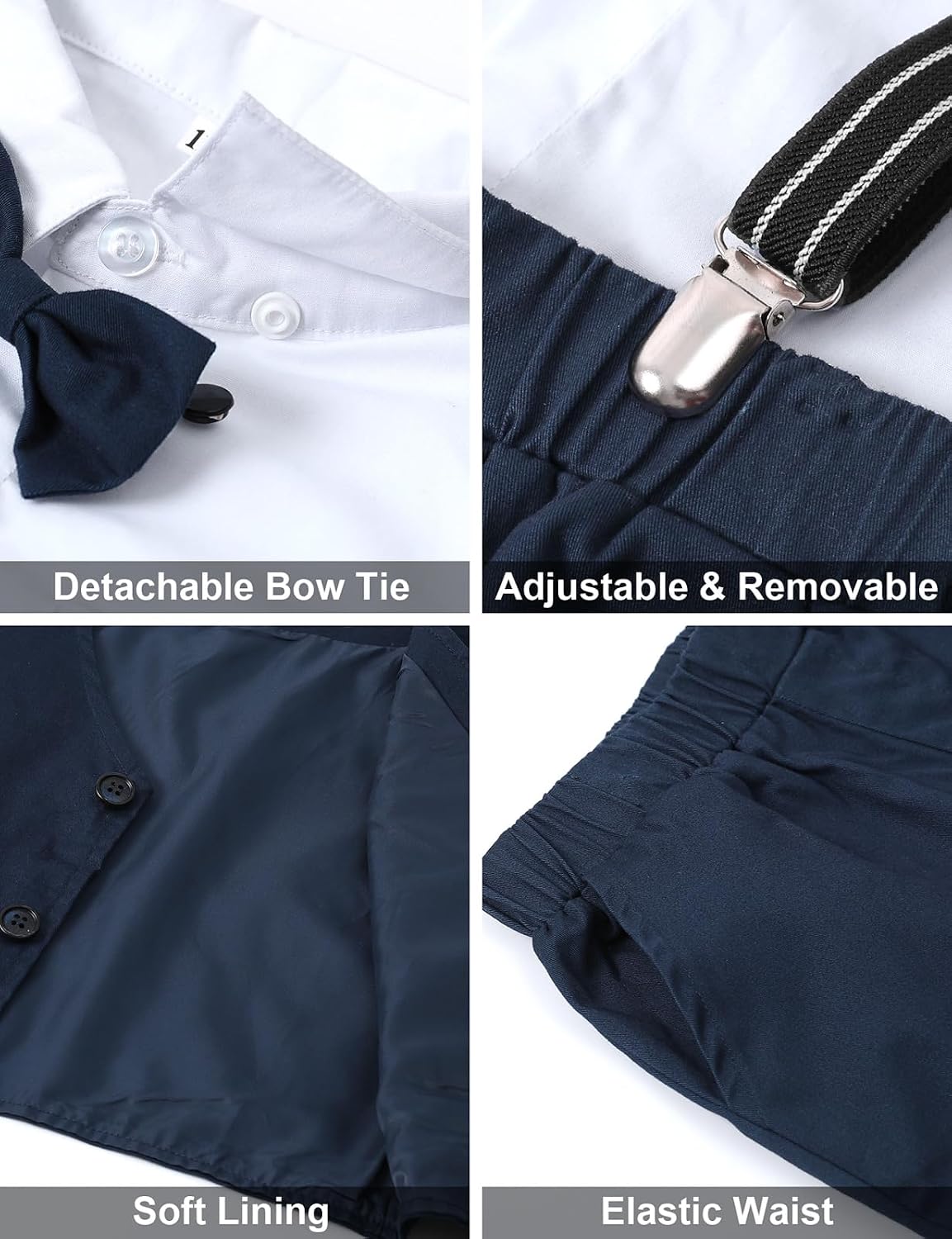 A&J DESIGN Baby & Toddler Boys 3Pcs Suspenders Suit Set, Dress Shirt, Bow Tie, Vest and Shorts (12M - 5T)