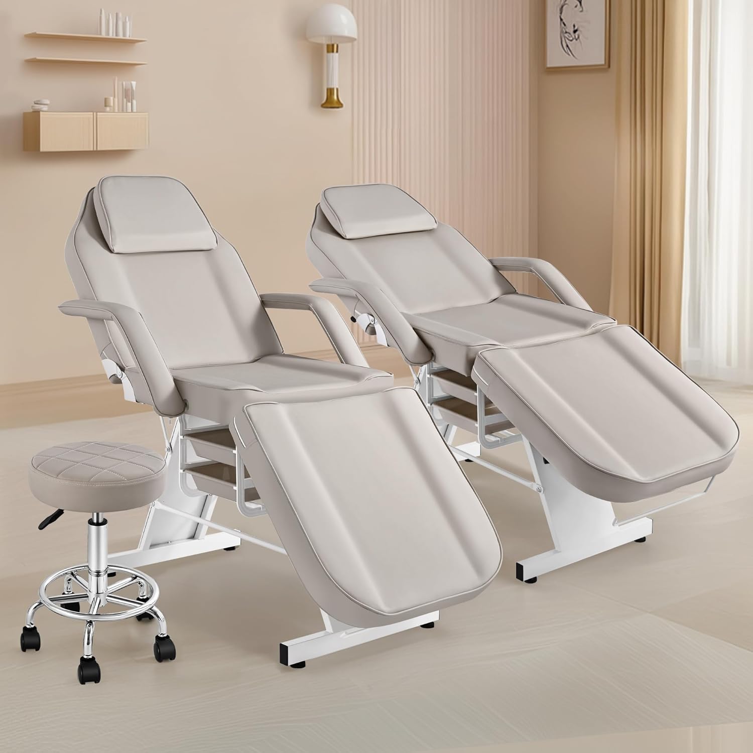 Facial Tattoo Chair, Esthetician Lash Bed Multi-use Tattoo Massage Table for Artist with Hydraulic Stool, 3-Section Beauty Barber Spa Equipment w/Removable Armrests & Headrest, Gray