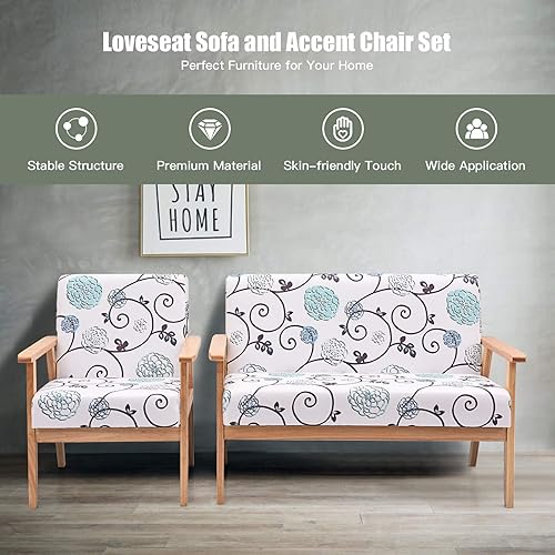 Miniatura 3 de Giantex Mid-Century - Juego de sillas decorativas de madera de dos plazas, silla decorativa de madera tapizada con madera de caucho, bonito patrón,