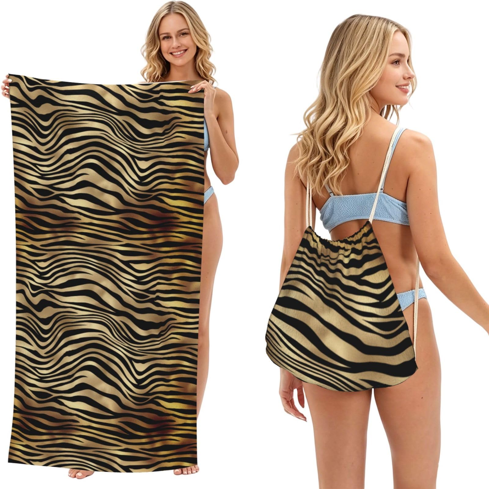 Poadnly As Picture African Black Gold Zebra Animal Skin Sepia, 2 In 1 Packable Towel Bag, Beach Towels With Drawstring Backpack For Travel Holiday Camping