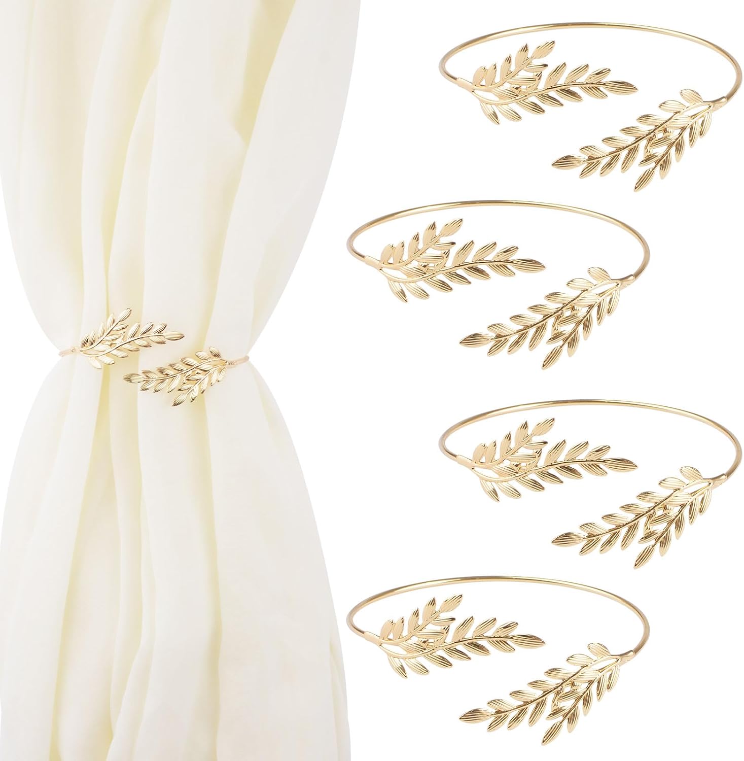 Curtain Tiebacks 4Pcs Metal Decorative Curtain Rope Buckles Creative Drape Holder Clip for Home Office (Gold Dual Leaf)