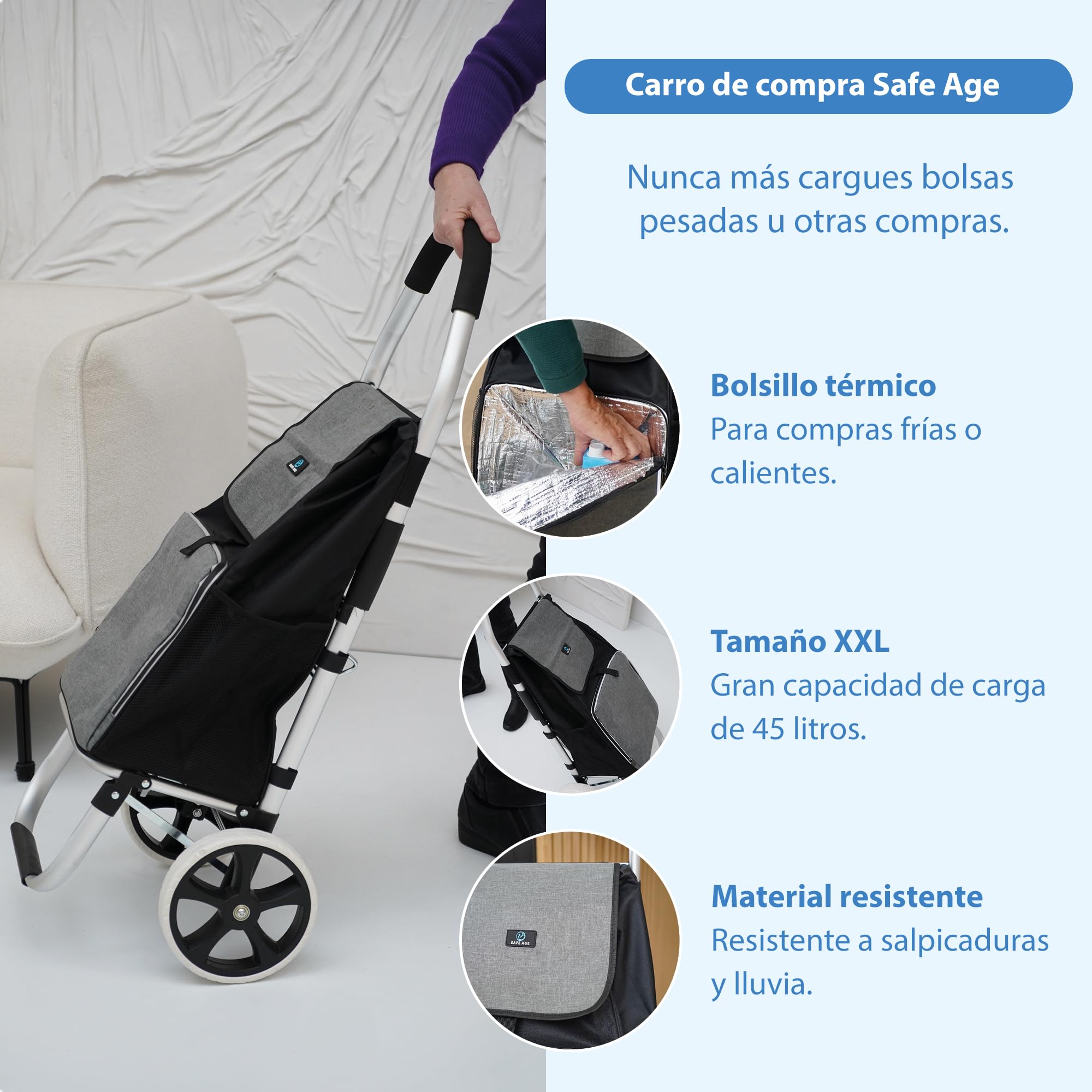 Safe Age Carro de la Compra con Ruedas 45 L - Plegable con Compartimento Refrigerador y Sistema de Acople para Carrito de Supermercado