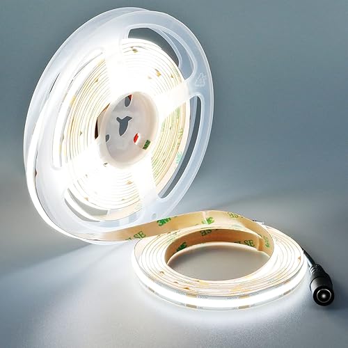 YUNBO Tira de luz LED COB de 12 V, blanco frío, 6000 K, CRI 90+ 16.4 pies, 16.4ft, sin puntos, 480LEDM 4000 lm IP20, uso en interiores, cortable,