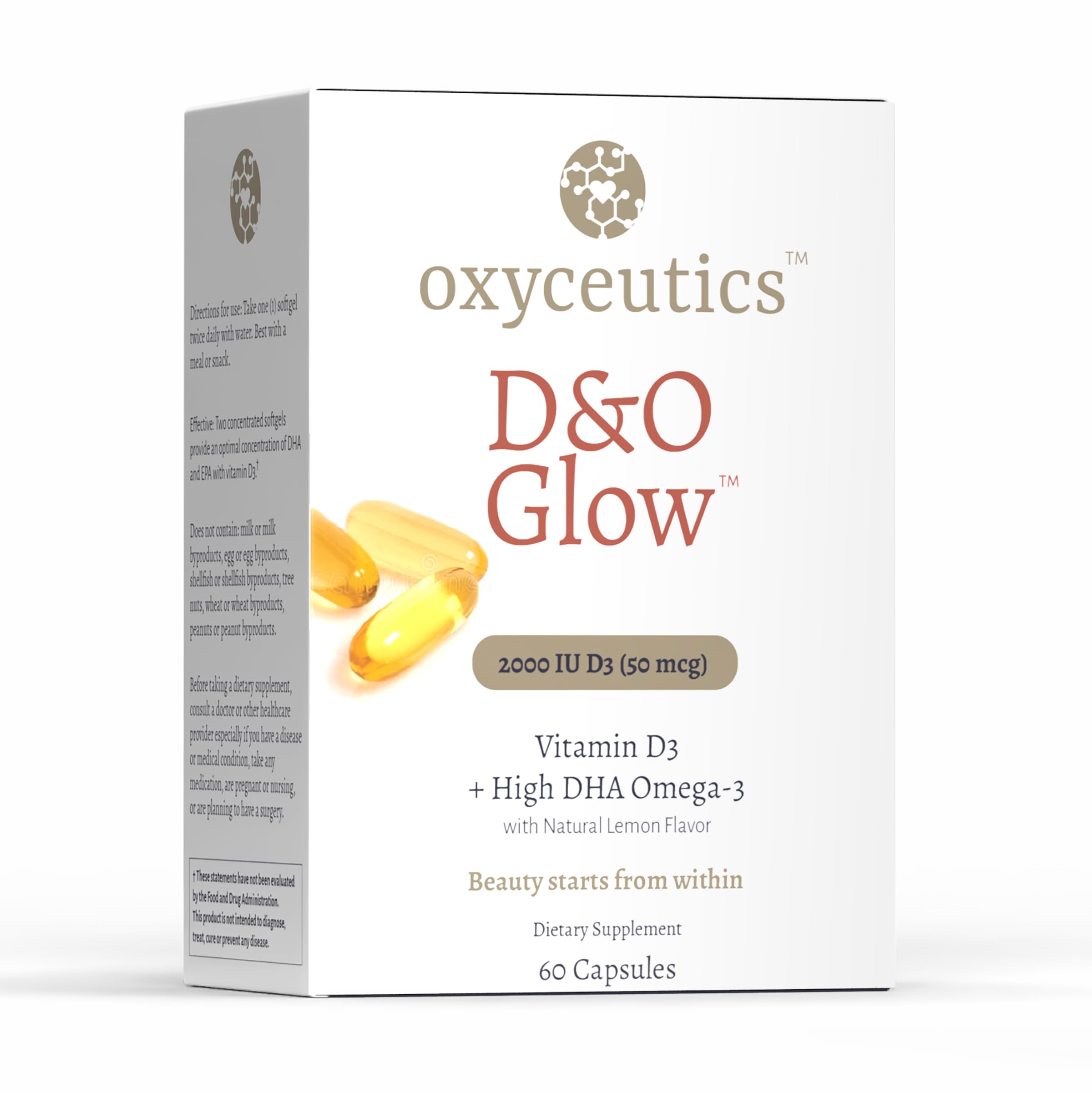 D&O Glow - Vitamin D3 - DHA Omega-3 - Natural Lemon Flavor - 60 Capsules