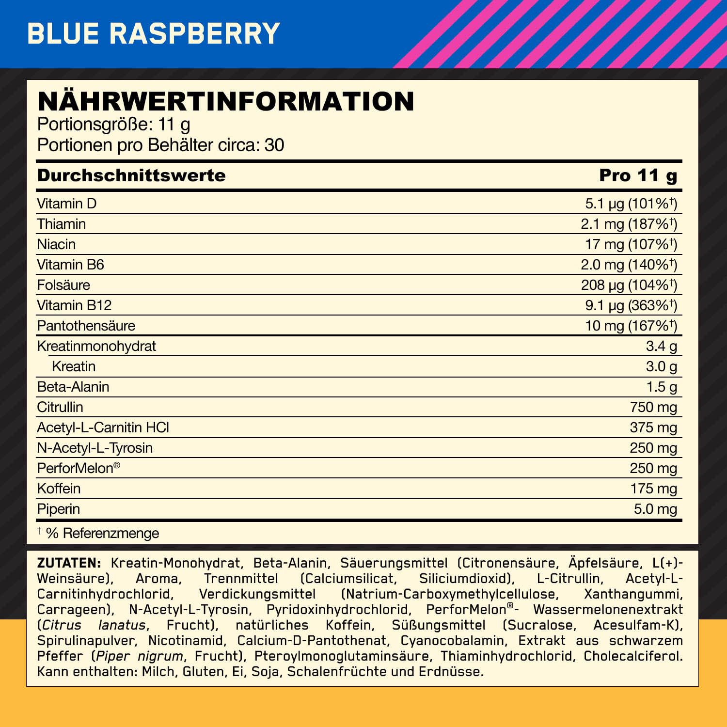 Optimum Nutrition Gold Standard Pre-Workout Energy Drink Pulver, Geschmack Blue Raspberry, 330g, 30 Portionen