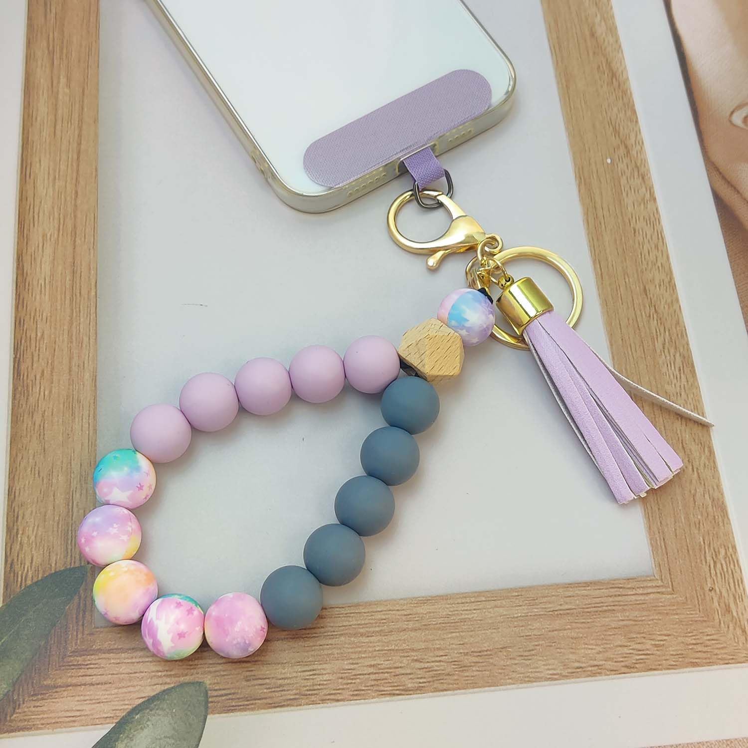 Phone Lanyard Silicone Beaded Phone Wrist Strap Cute Elastic Cell Phone Wristlet Chain Bracelet with 2 Tether Tab - Image 3