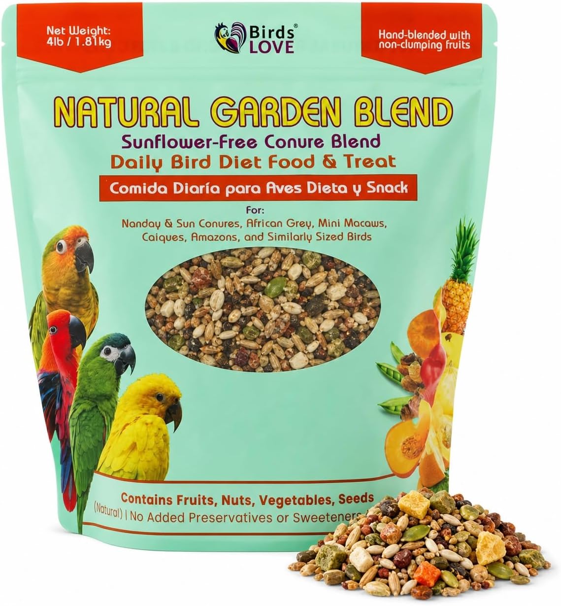 Birds LOVE Natural Garden Blend Conure Food, Sunflower Free Bird Seed Mix with Fruits, Nuts, Vegetables and Seeds, All Natural Daily Diet and Treat, 4 lb