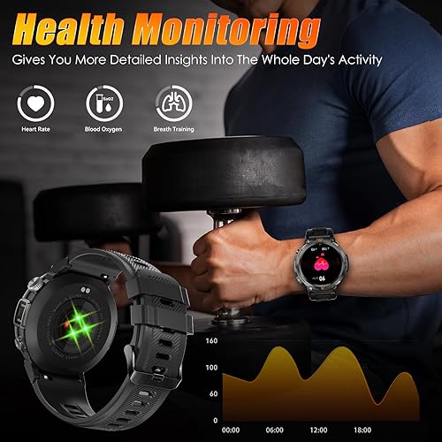 Miniatura 7 de EIGIIS Military Smart Watch for Men Tactical Rugged with Bluetooth Call Flashlight 1.45'' Big Screen Fitness Tracker Heart Rate Sleep Monitor