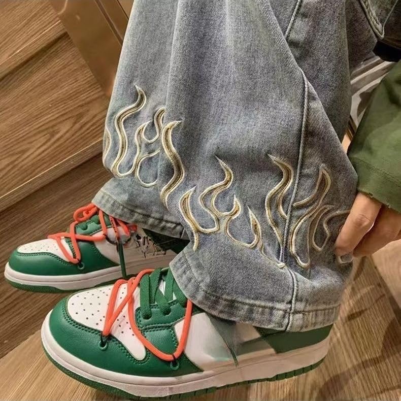 Men's Y2K Flame Pattern Wide Leg Jeans Casual Hip Hop Aesthetic Denim Pants Baggy Straight Leg Relaxed Fit Trousers (Blue,M)3