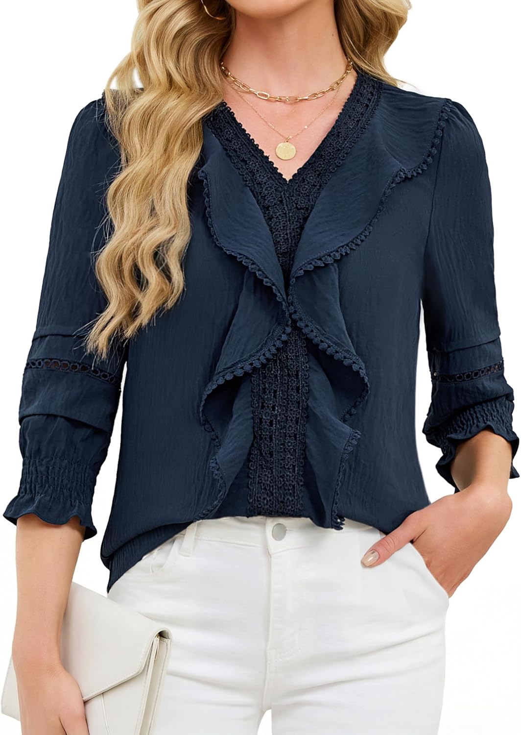 Funlingo 3/4 Length Sleeve Womens Tops Ruffle V Neck Blouses for Women Dressy Casual Lace Crochet Shirts with Smocked Cuffs