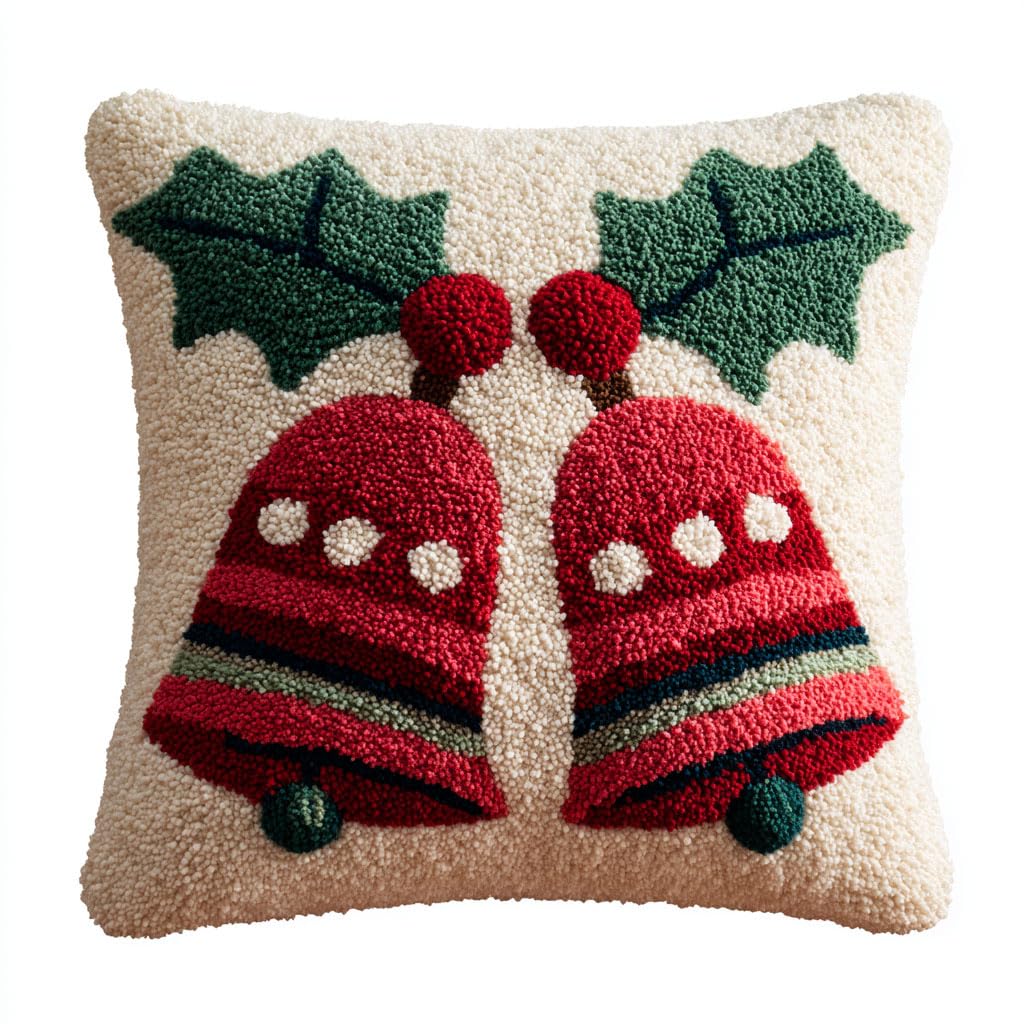 Henypt Latch Hook Kits-D Diy Latch Hooking Pillow Kits Christmas Bells Pillow Cover Pre-Printed Patterns Pillowcase Needlework Crochet Yarns Latch Hook Cushion 17X17inch