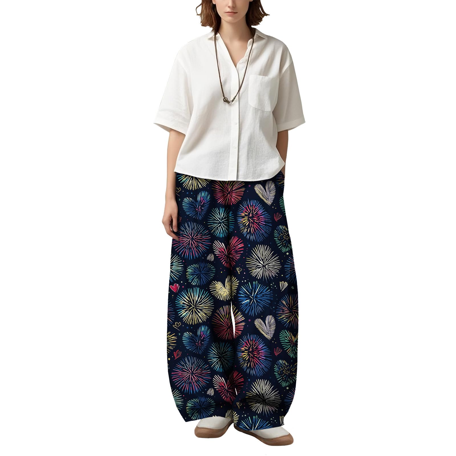 Womens Elastic Stylish Dressy Casual Loose Fit Fireworks Print Pants Wide Leg High Waist Trousers Holiday Trendy Pants