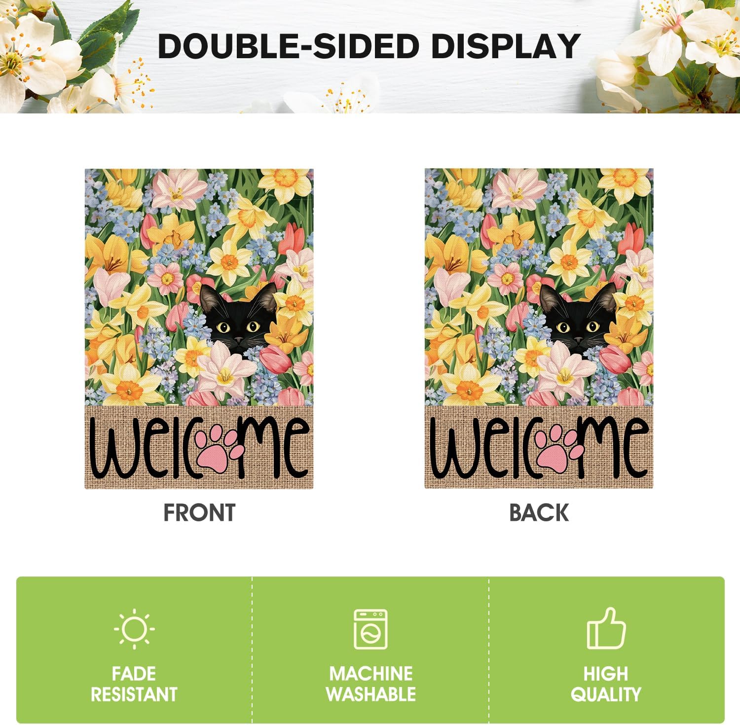 AVOIN colorlife Spring Floral House Flag 28x40 Inch Double Sided Outside, Black Cat Welcome Seasonal Yard Outdoor Flag - Image 6
