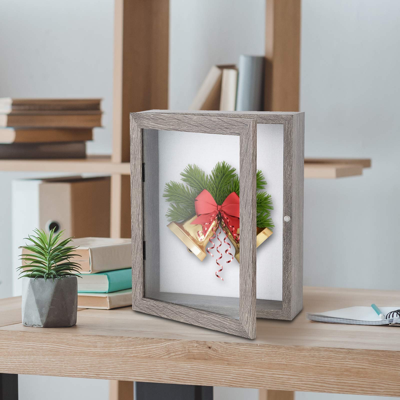 Muzilife 11x14 Shadow Box Picture Frame - 2.16" Deep Wood & Glass Display Case Ready to Hang Memory Box Baby Sports Memorabilia, Pins, Awards, Tickets, and Photos (Texture Gray)