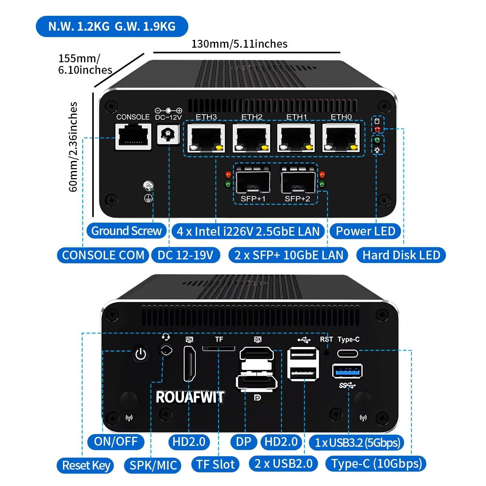 Firewall Mini PC i5 1235U, 2x 10GbE, 4x 2.5GbE LAN, DDR5 16G RAM 256G SSD