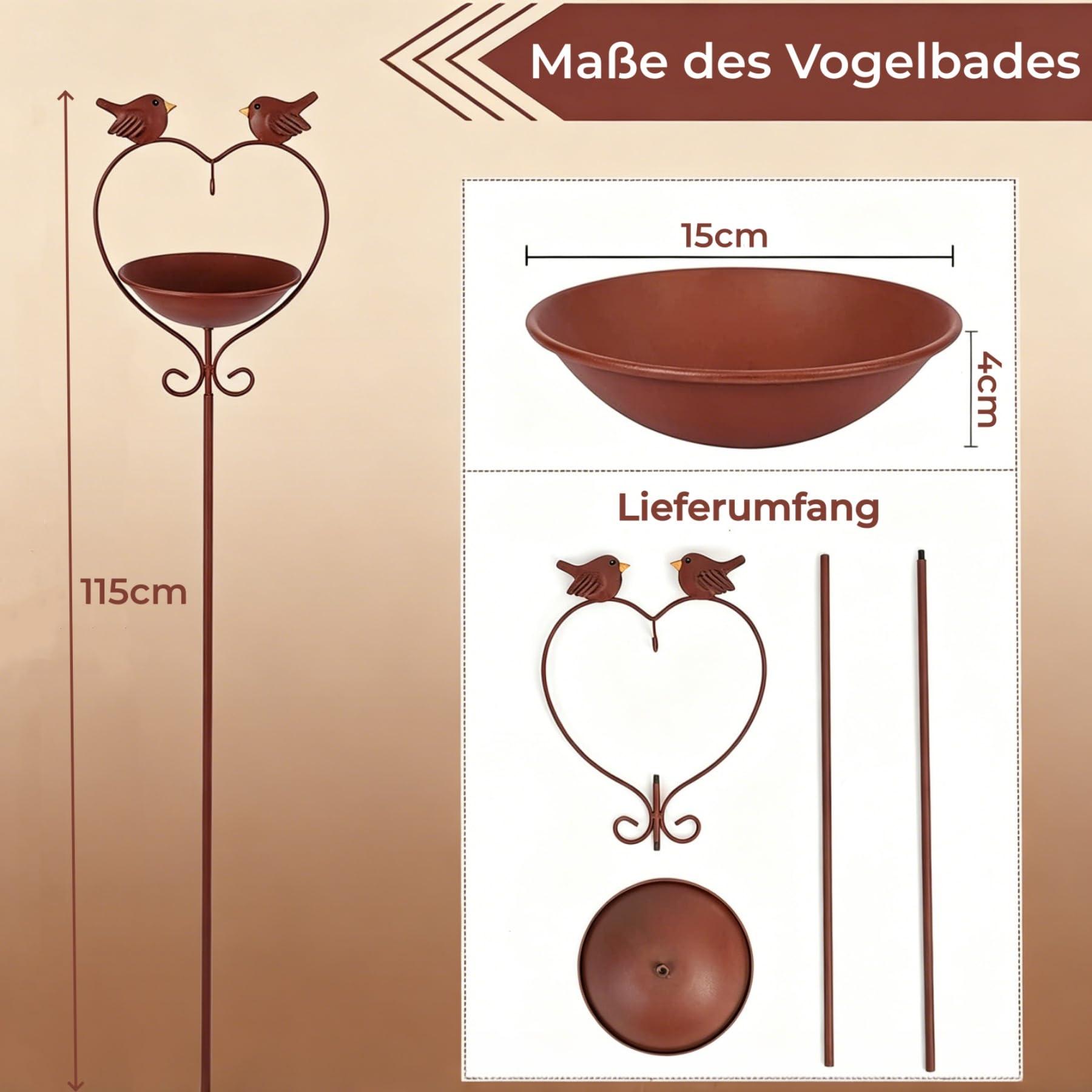 Vogeltränke Stehend Winterfest Metall, Vogelbad für Wildvögel | H 115 cm Ø15cm Vogel Futterstation mit Meisenknödelhalter Rostoptik Regenfänger Gartendeko