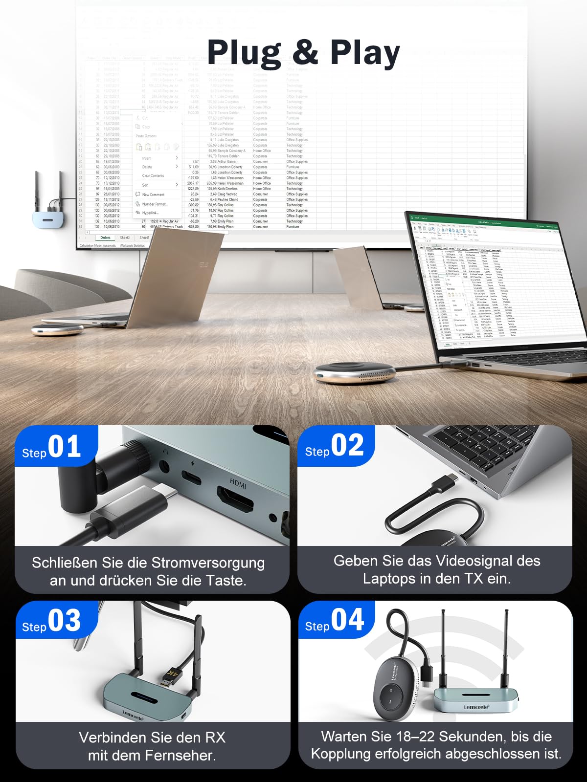 Wireless HDMI Transmitter and Receiver Supports 8 TXS to 1 RX, Lemorele 2.4G/5G Plug&Play HDMI Funkübertragung Funk for Streaming Video Audio from Laptop to HDTV,Monitor
