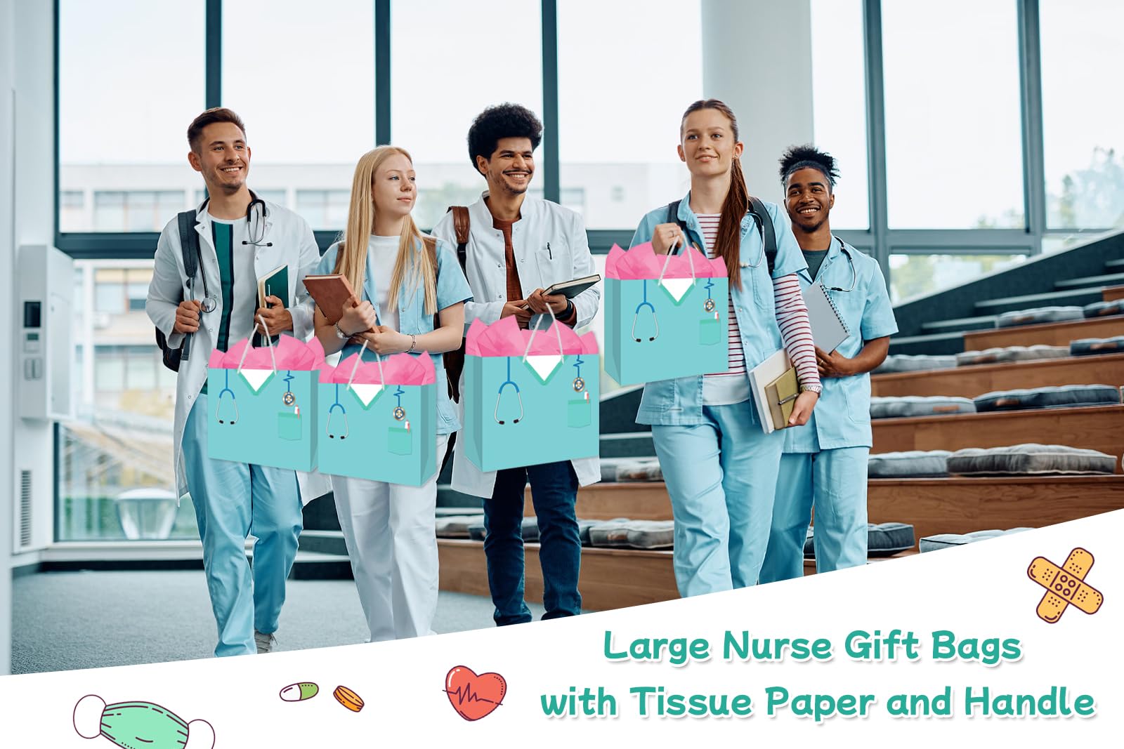 BDDYYI Nurse Graduation Gift Bag with Tissue Paper, 13 Inch Large Congrats Gift Bag for New Nurses, Nursing Students & RN Gift Bag Pinning Ceremony Nurses Week & Healthcare Appreciation Gifts