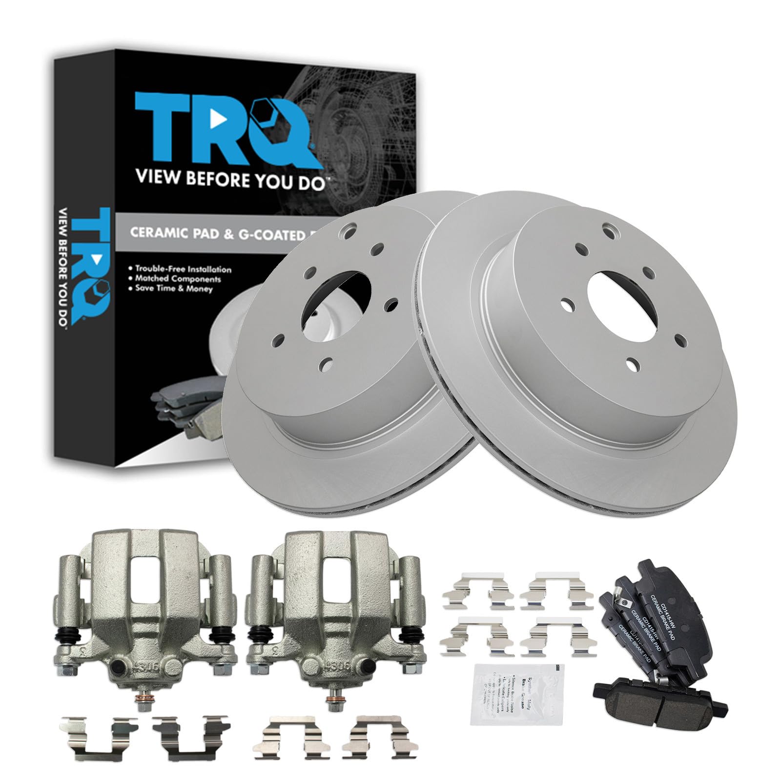 TRQ Rear Brake Pad and Rotor Set Ceramic G Coated Rotors Calipers Compatible with 2003-2007 Nissan Murano 2004-2009 Quest