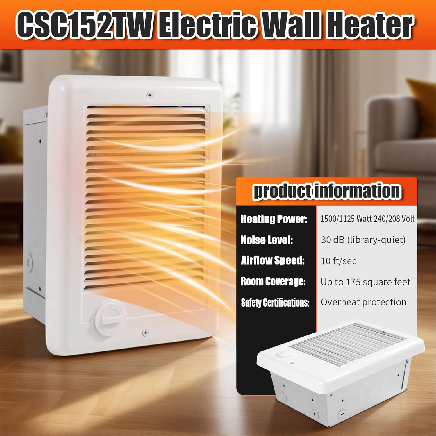 Electric Wall Heater CSC152TW Complete Unit wiht Adjustable Thermostat, Wall Mounted Electric Heater for Indoor Use, Fast Heating, 5120/3840 BTU, 240/208 Volt, 1500/1125 Watt, White
