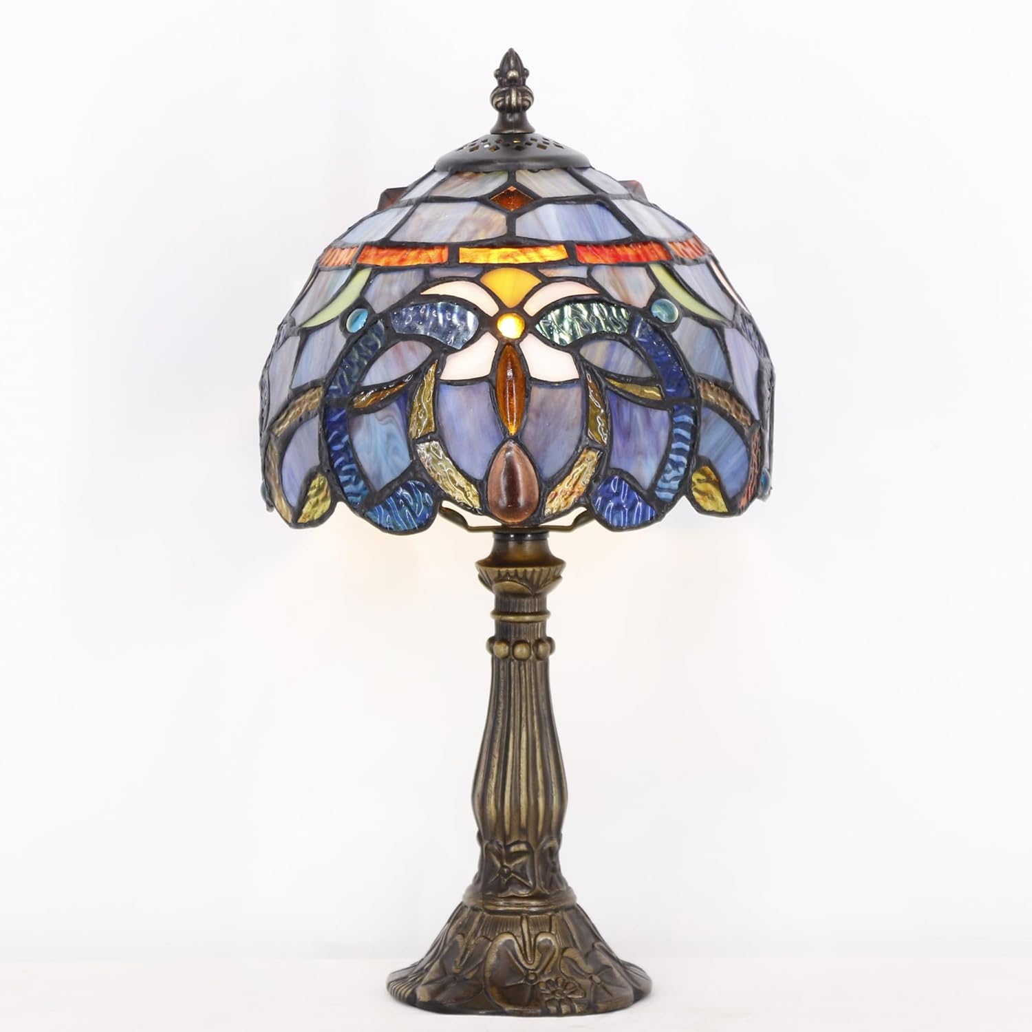 Small Tiffany Lamp Stained Glass Desk Lamp Vintage Tiffany Bedside Table Lamp for Home Living Room Bedroom Nightstand 8X15 Inch (Blue Purple)