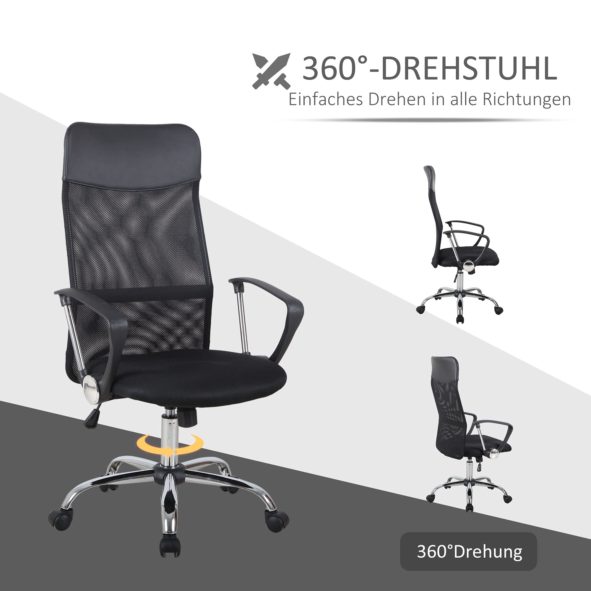 HOMCOM Bürostuhl Ergonomischer Schreibtischstuhl mit Armlehne Schwarz | Hohe Rückenlehne, Höhenverstellbarer Drehstuhl mit Wippfunktion, Netzbespannung, Computerstuhl