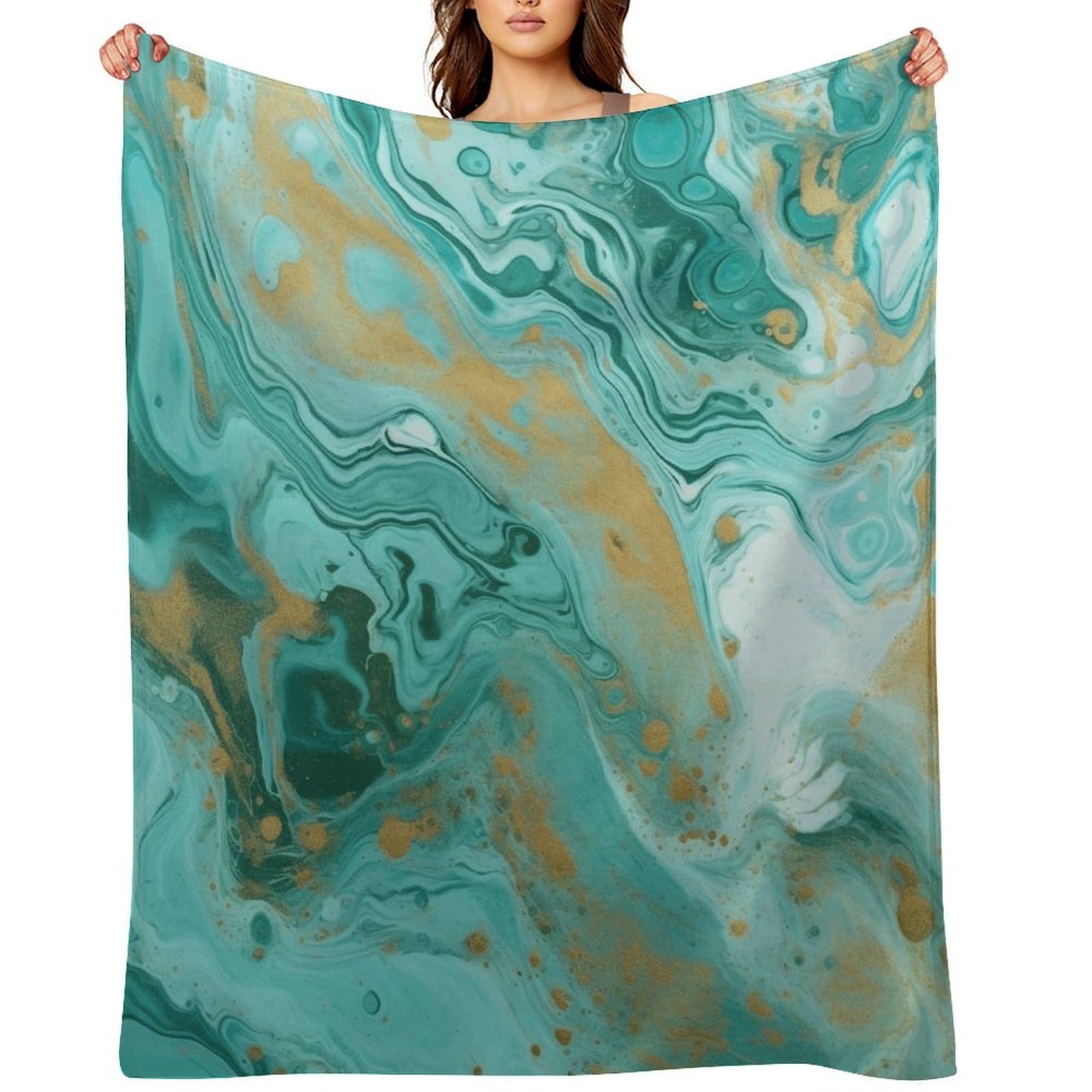 Flannel Fleece Throw Blanket - 60"x80" Super Soft Plush,Lightweight Wrinkle Resistant Cozy Teal and Gold Marble Blanket for Couch Sofa Bed Travel Camping and Gift
