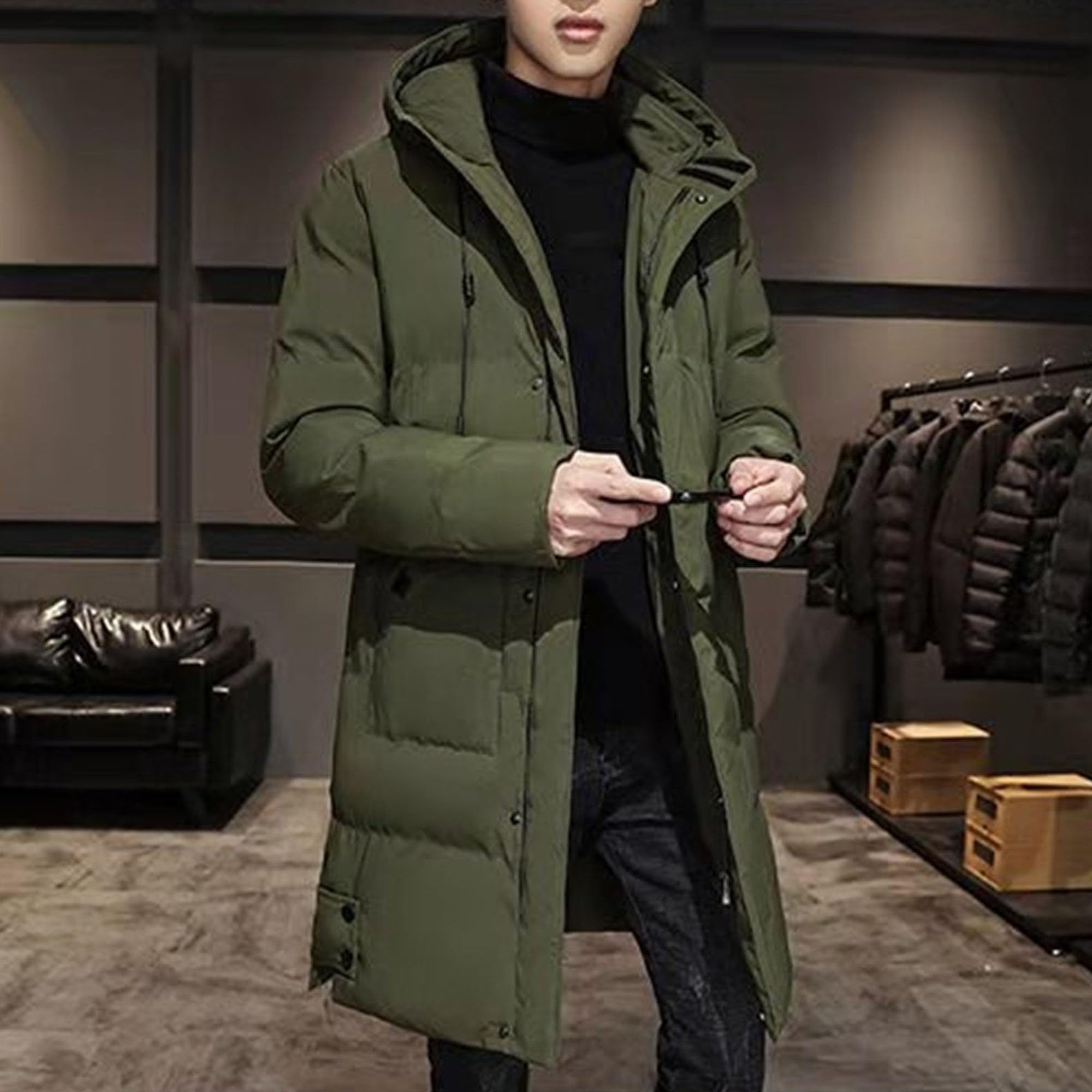 Parka lungo da uomo termico isolato lungo con cappuccio imbottito piumino antivento caldo capispalla giacca a vento