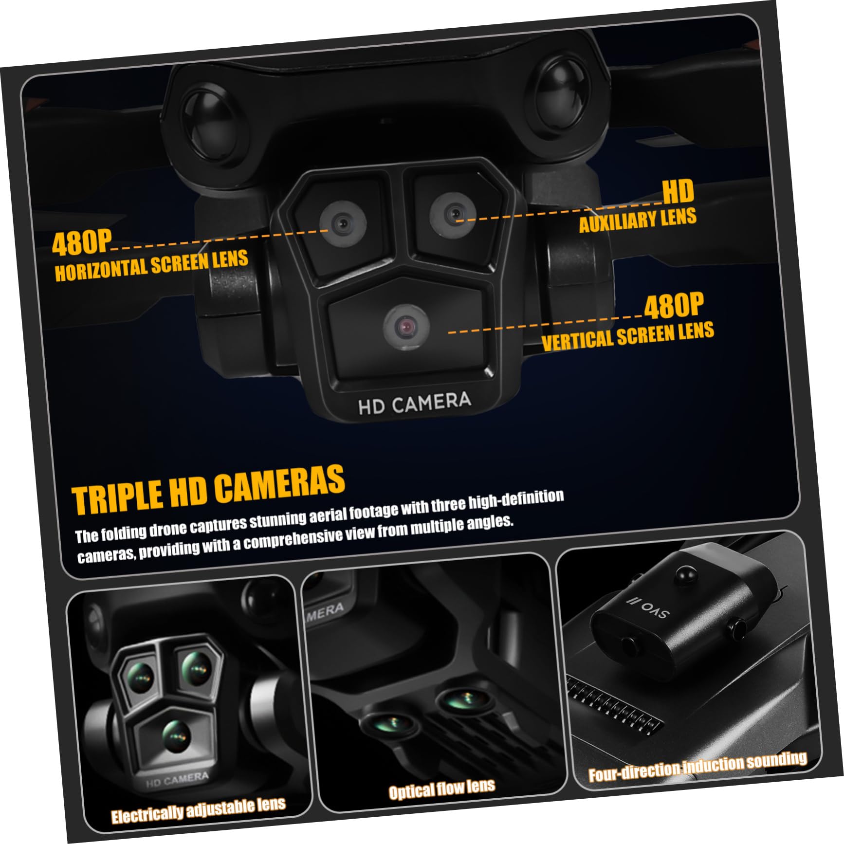 Drone Pieghevole Max con Tripla Fotocamera, Nero Abs | Obiettivo Elettrico 150°, Capacità 1800mah 3,7v, Doppie Batterie per Uso Adulto