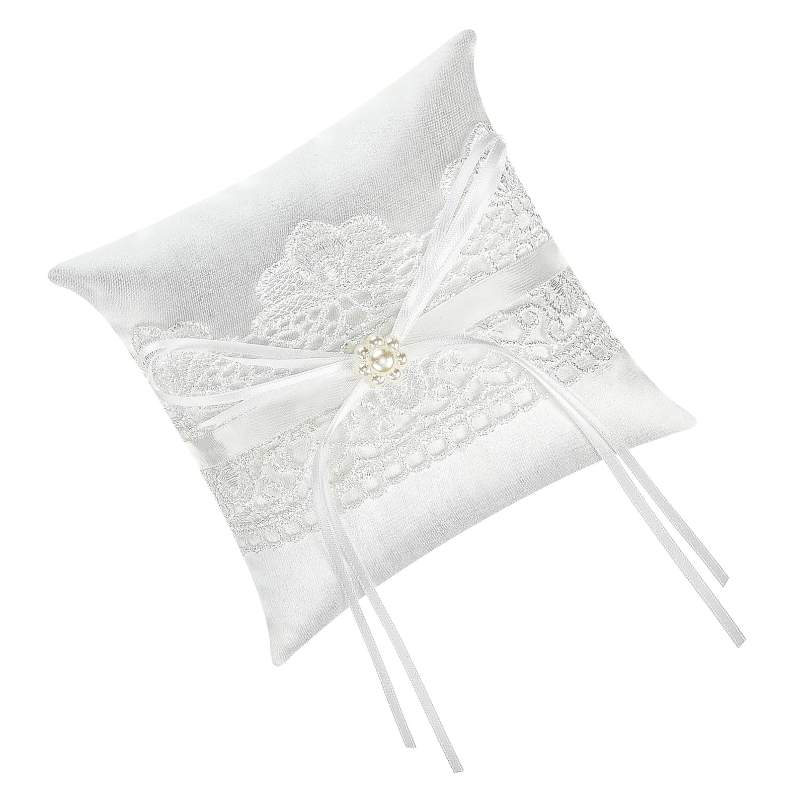 Elnwnnkc Classical White Lace Bowknot Rings Pillow for Elegant Wedding Ceremonies with Satined Pearls Design Ceremony Essential