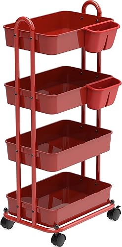 SimpleHouseware - Carrito utilitario multifuncional de 4 niveles con divisores de cesta y cubos colgantes, color rojo