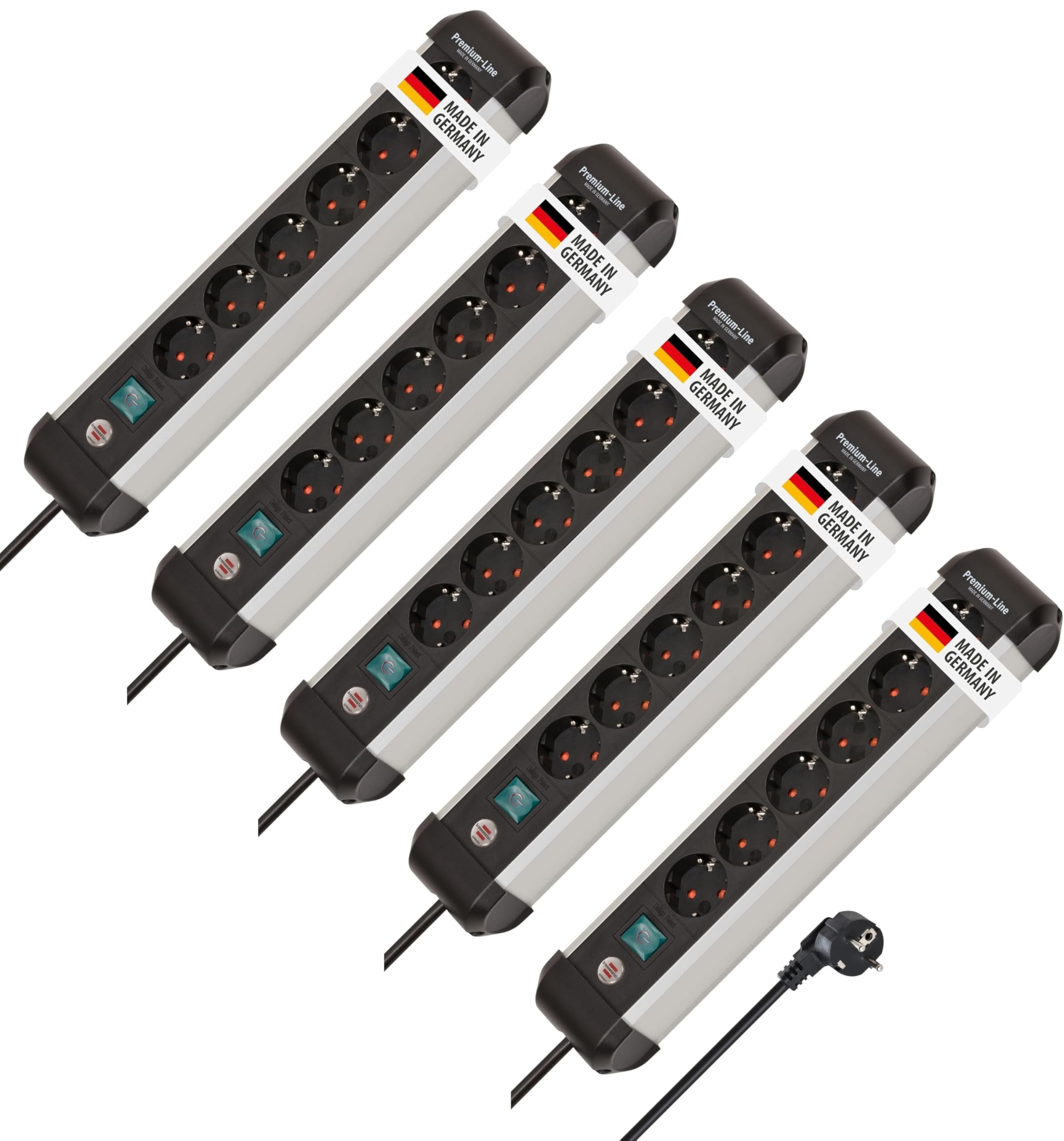 Brennenstuhl Premium-Alu-Line Steckdosenleiste/Steckerleiste aus hochwertigem Aluminium, Mehrfachsteckdose mit Schalter und 3m Kabel (6-Fach Steckdosenleiste | 5 Stück)