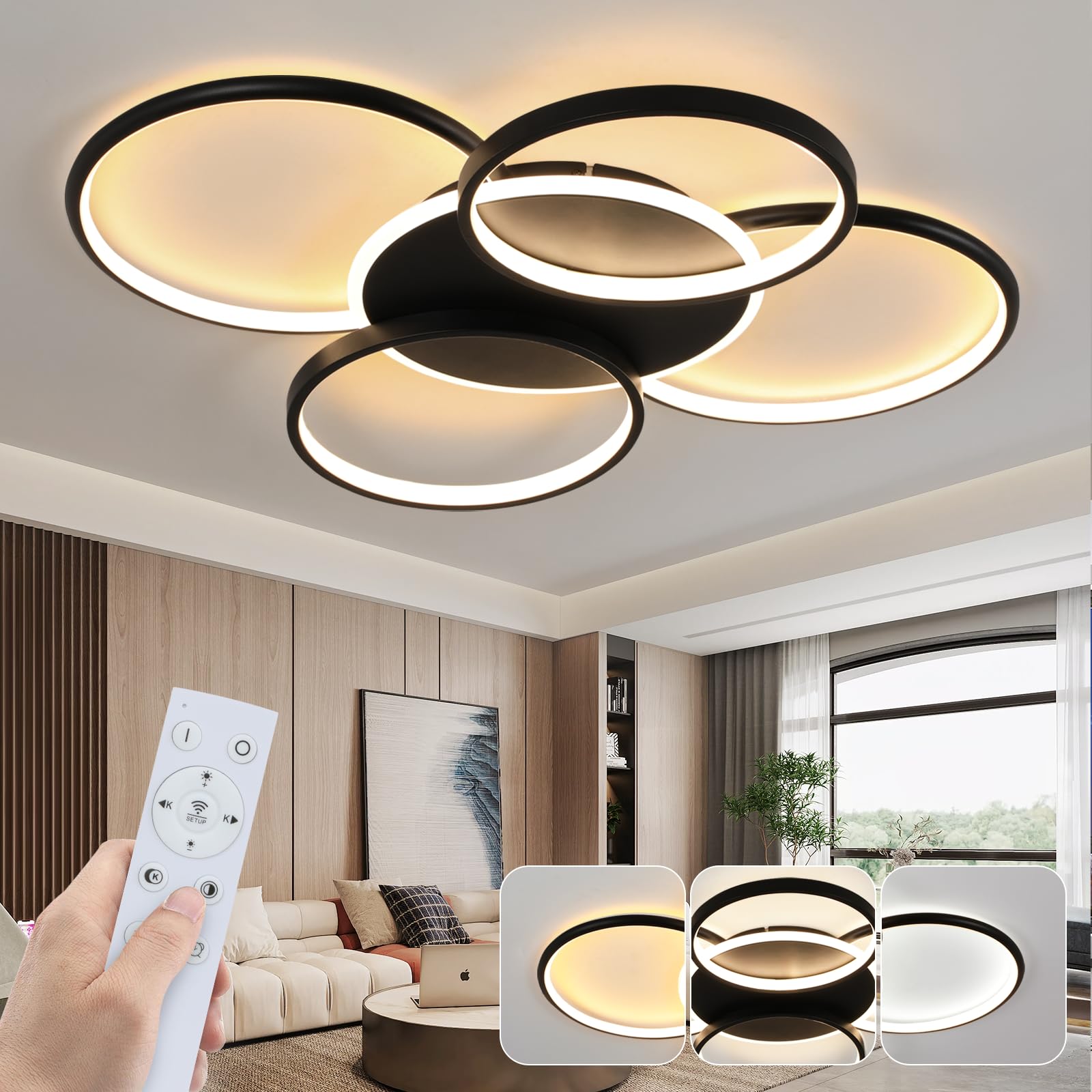 GBLY Deckenlampe LED Deckenleuchte Wohnzimmer: 67CM Wohnzimmerlampe Dimmbar | 70W mit Fernbedienung 5-Ringen Schwarz Schlafzimmerlampe Modern Acryl Deckenbeleuchtung für Büro Schlafzimmer Esszimmer