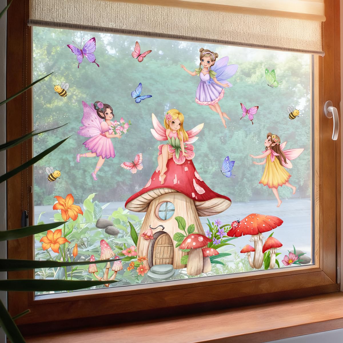 WandSticker4U®- Pegatinas ventanas niña HADAS y CASA de SETAS rosa (80x43 cm) I Vinilo adhesivo infantil ventana flores hadas elfos princesa I Decoración ventana habitación niña bebé primavera GRANDE