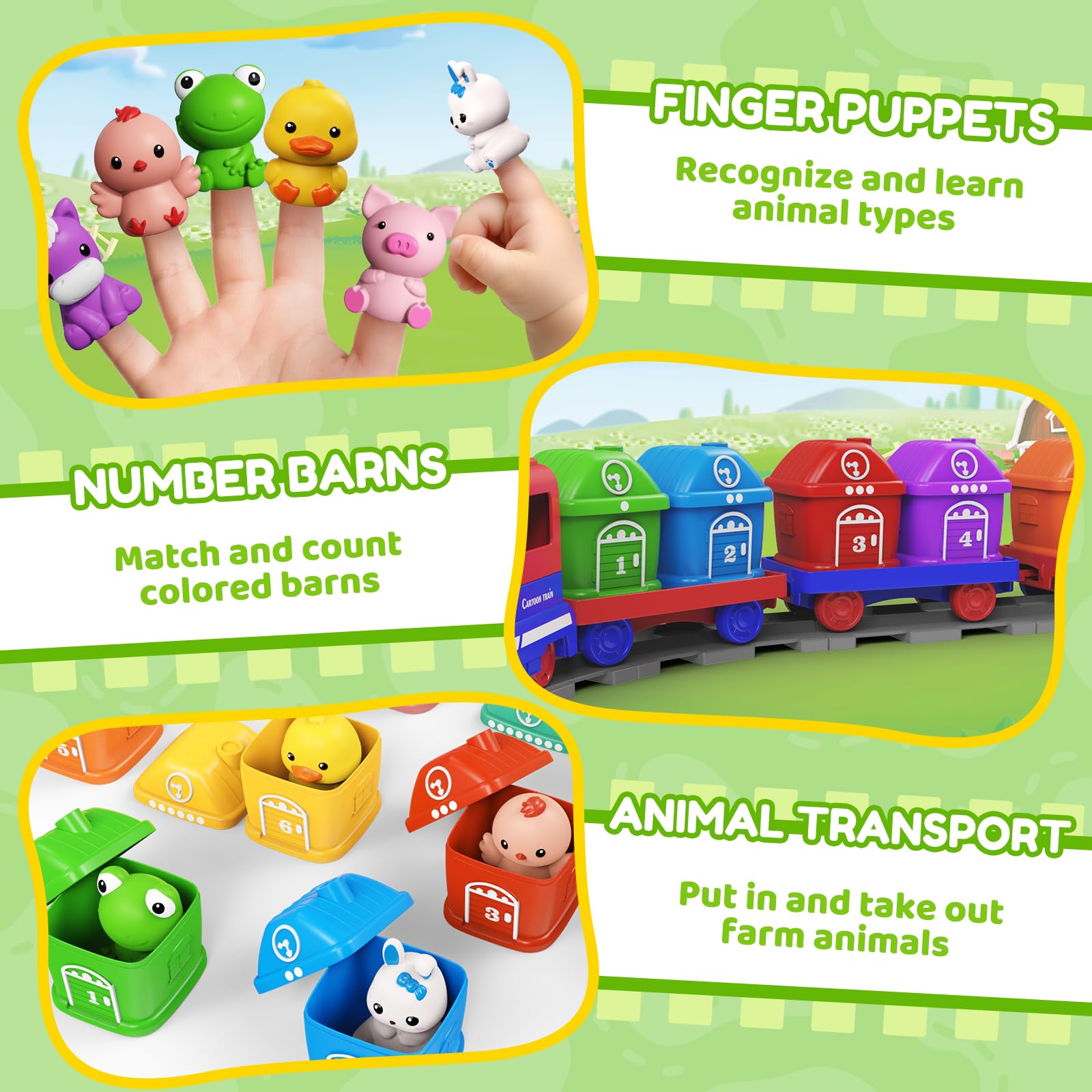 Juego de trenes para niños pequeños de 1, 2, 3, 4 años, juego de tren eléctrico Montessori con actividades de conteo de emparejamiento y clasificación con animales de granja, marionetas de dedo 2