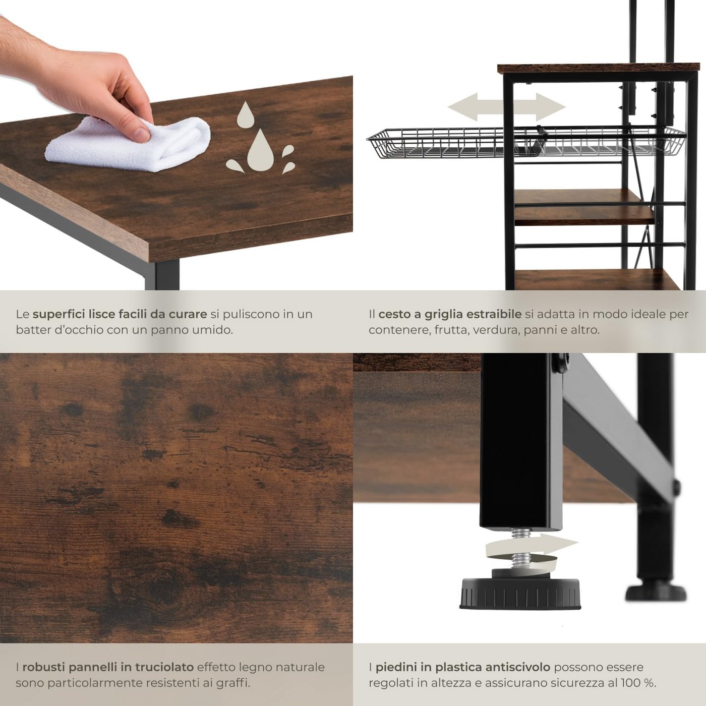 tectake® Scaffale Cucina 90x40x131,5cm, Organizer Cucina 6 Ripiani, Scaffale Portaoggetti, Ripiano d'Appoggio per Microonde e Piatti, Mobiletto Salvaspazio, Arredamento Casa - Legno Industriale Scuro