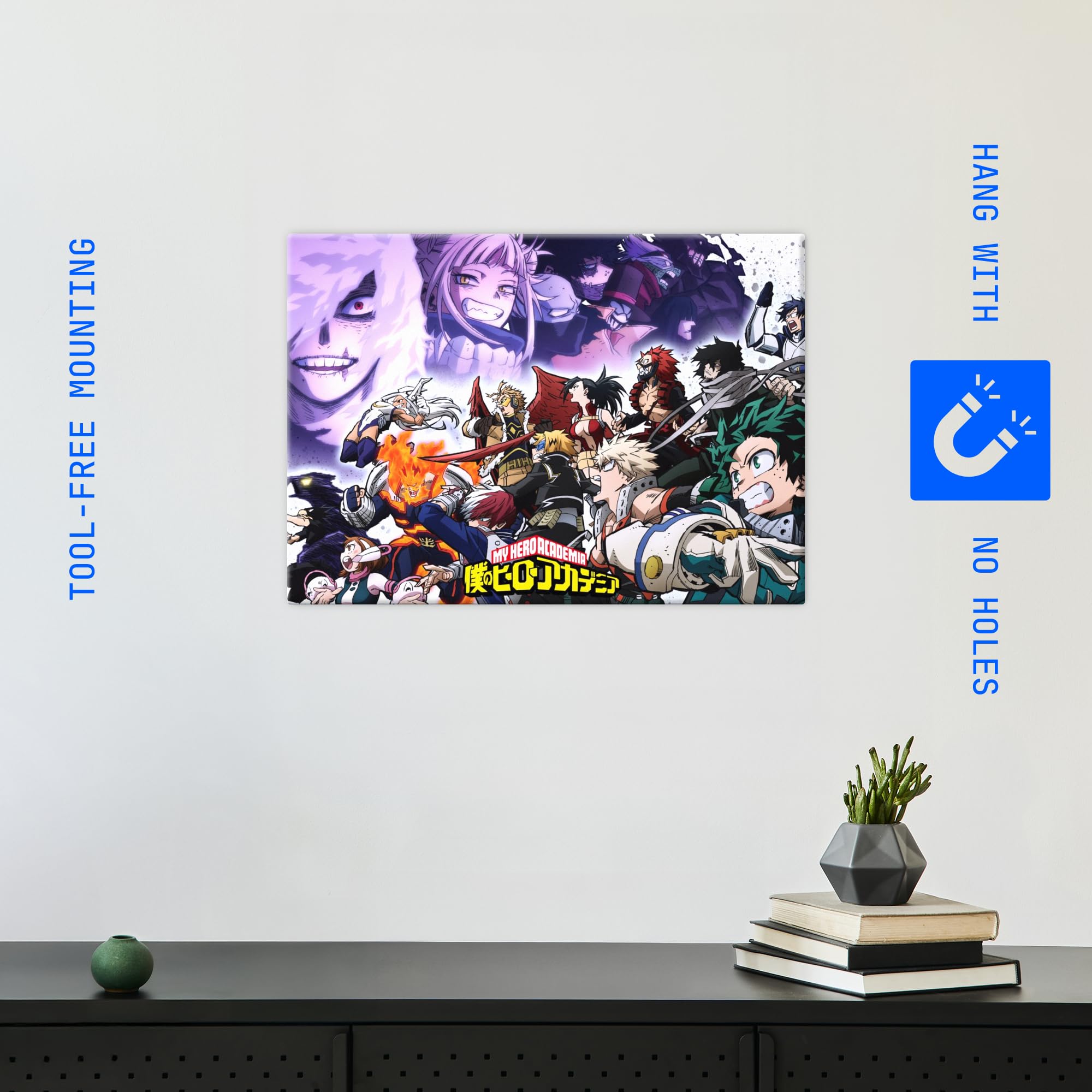 Displate Metall poster My Hero Academia MHA: Heroes and Villains Größe M | Bilder Wanddeko Wohnzimmer & Schlafzimmer Wandbilder, Geschenk. Wandkunst mit Magnet-Befestigung, ohne Bohren.
