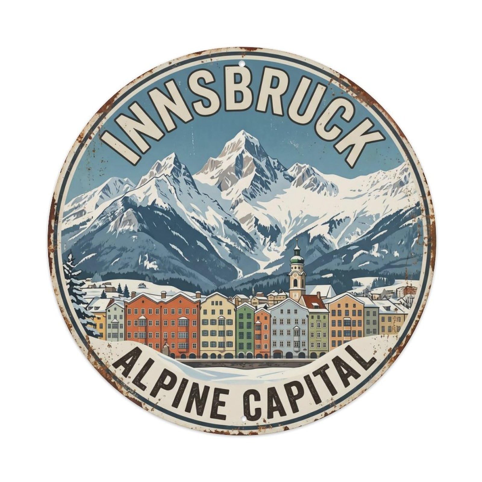 Vintage Travel Innsbruck Austria Mountains Metal Tin Sign Plaque Wall Decor for Cafe, Club Bar, Office, Home Garden Round Metal Poster 8x8Inch