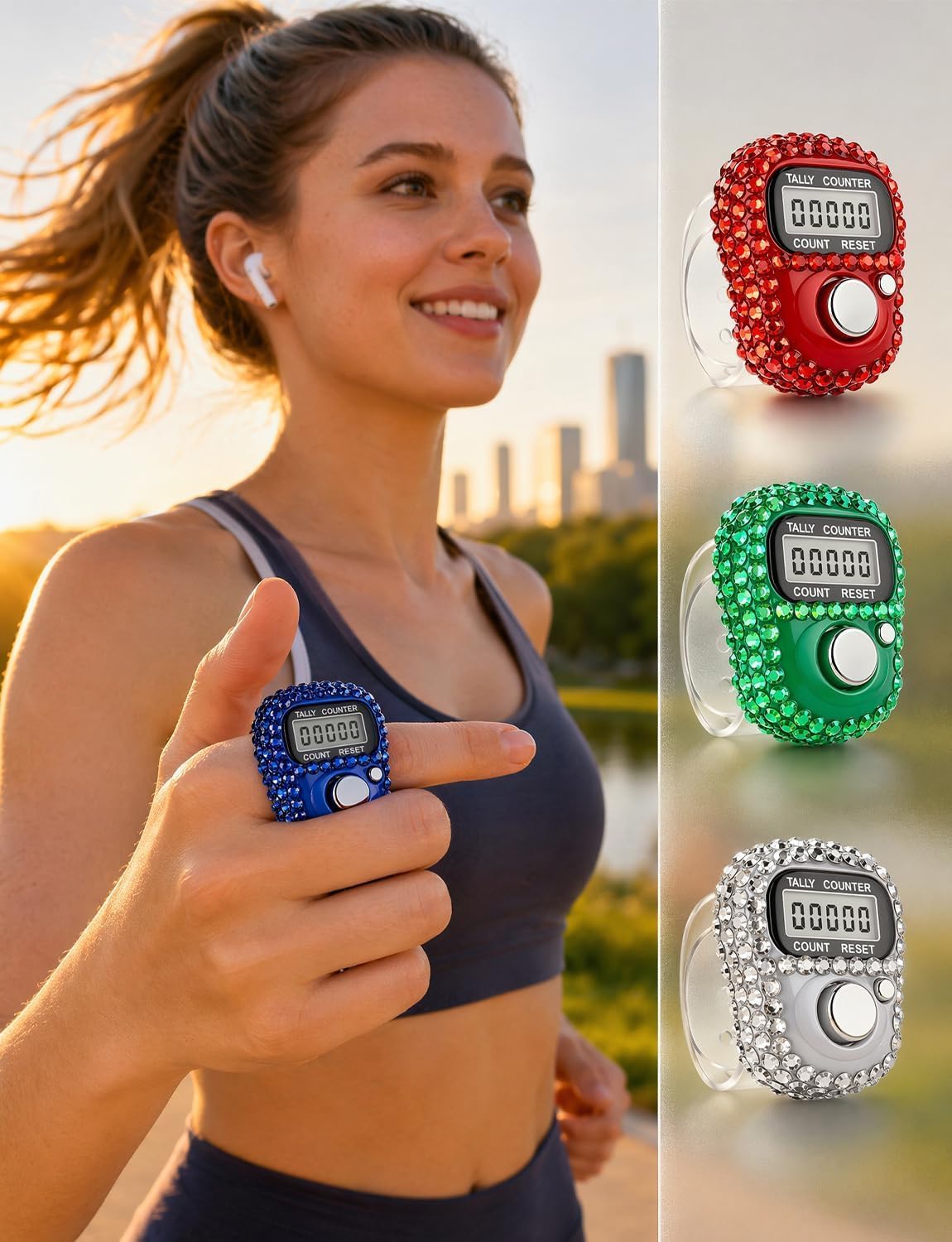 Electronic Finger Counter, Electronic Digital Display, Rhinestones Hand Tally Clicker Counter, Digital Handheld Tally Counter for Golf, Goods Counting, Lap, Knitting