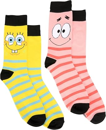 Hyp SpongeBob and Patrick Mens Striped 2-Pair Pack of Crew Socks