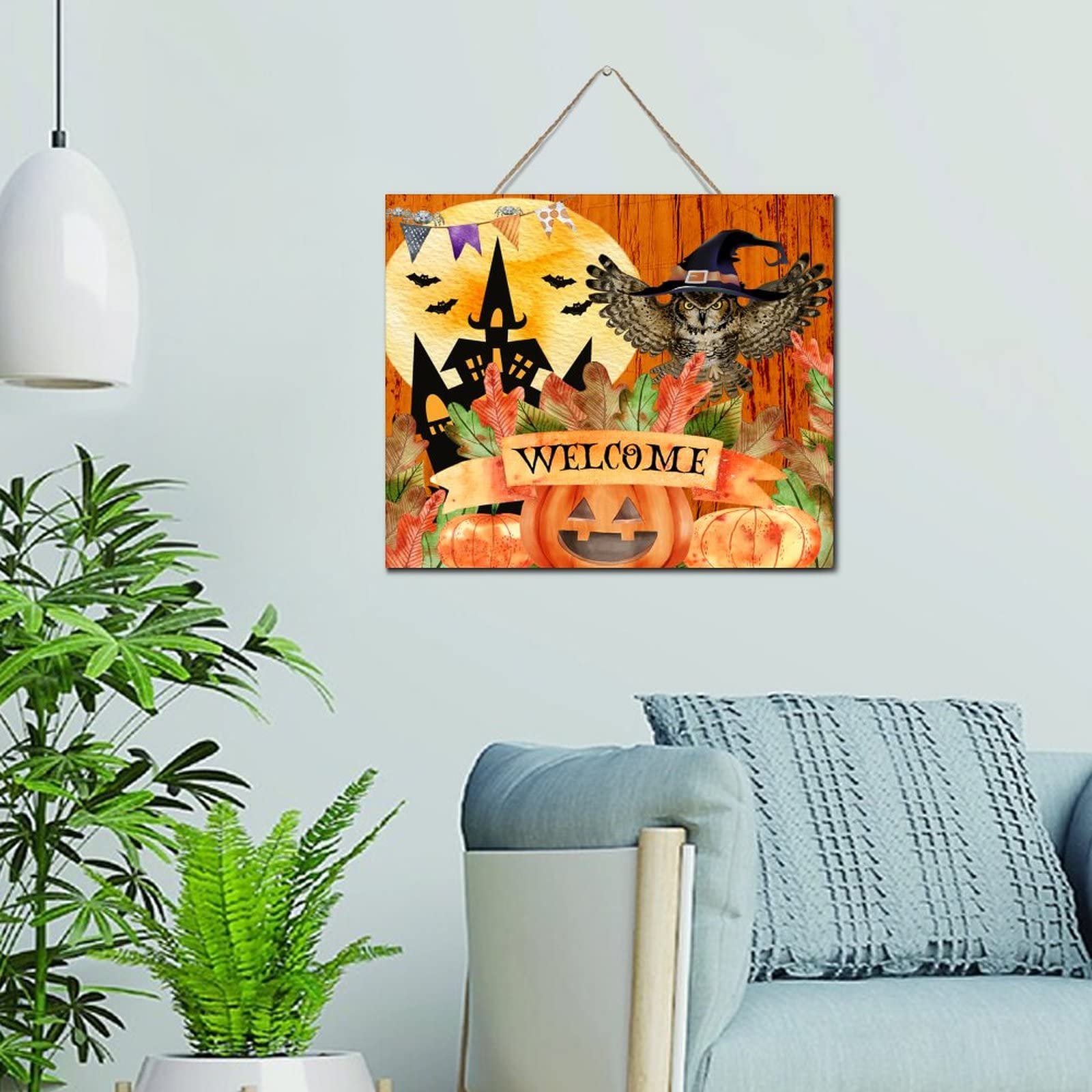 Panneau mural bois Welcome Halloween chouette, décoration idéale pour chambre 25x30cm
