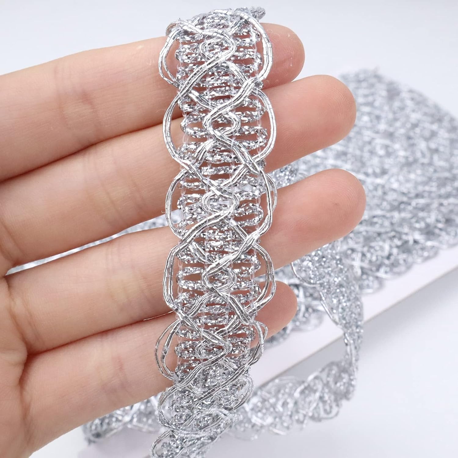 Silver Lace Trim Ribbon 18 Yards Silver Gimp Braid Scroll Braid Trim Metallic Edge Trim for Sewing, Cake, Bag, Purse Handles
