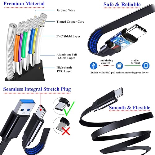 Miniatura 3 de Cable USB C Android Auto de diseño plano, USB-C a USB-A 5Gbps cable de sincronización de datos, cable de carga rápida tipo C de 3 pies compatible