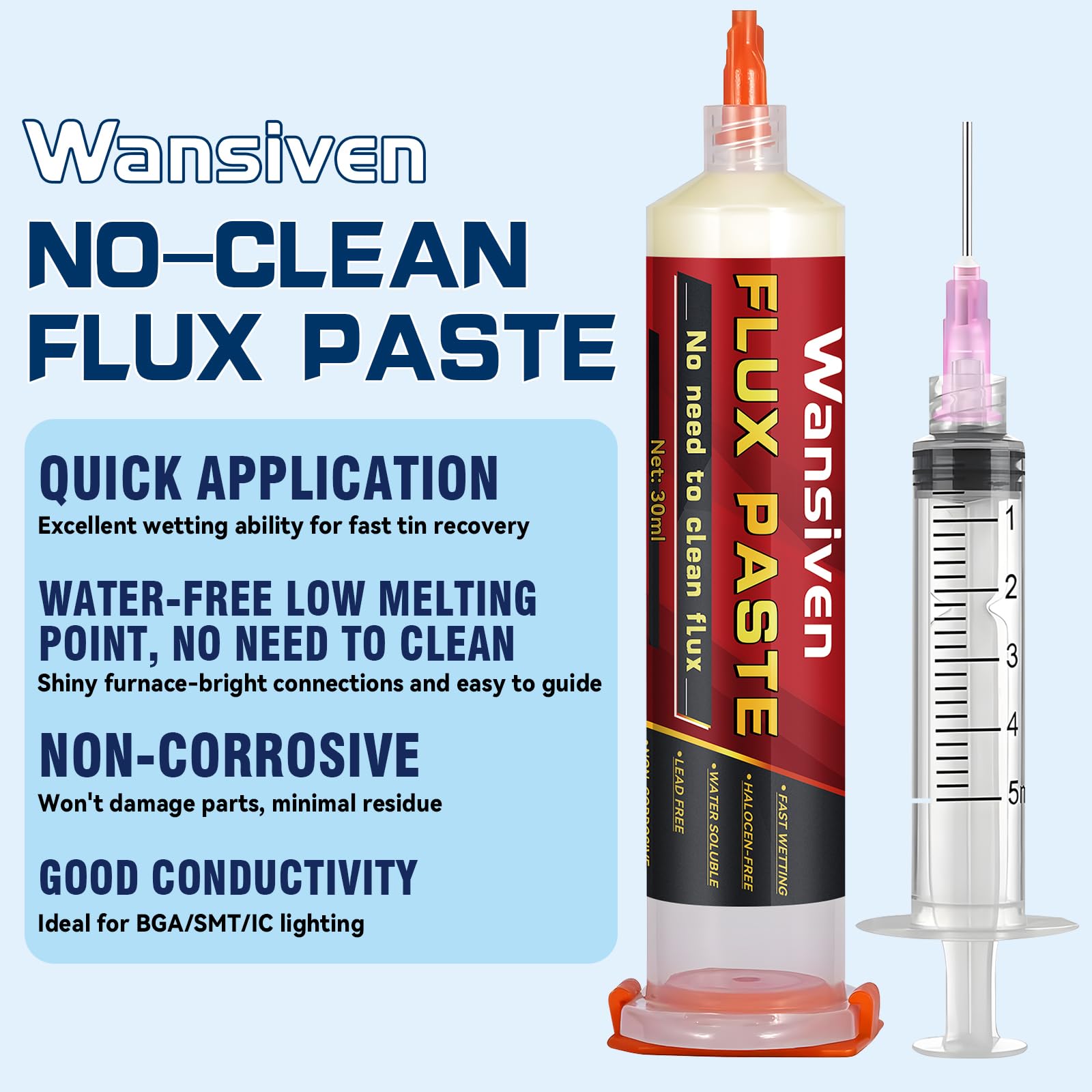 Wansiven Flux de pâte à souder, 30 ml de pâte de flux à souder sans plomb, sans flux de soudure propre pour le soudage électronique SMD BGA LED PCB