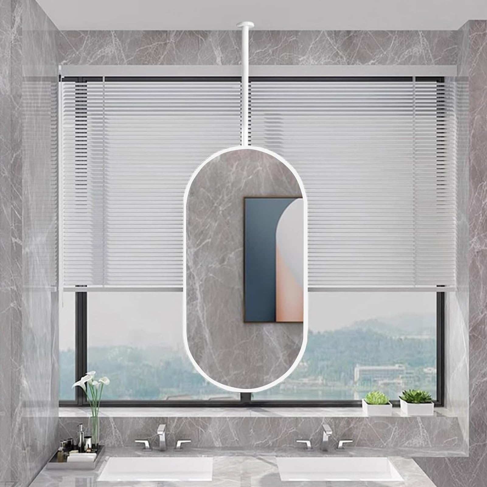 BKSXSOP Oval Mirror Ceiling Hanging Rod with White Metal Frame and Boom, Bathroom Floating Vanity Makeup Shaving Mirrors, Decorative Mirrors for Wall - Customizable (Size : 50cmx70c