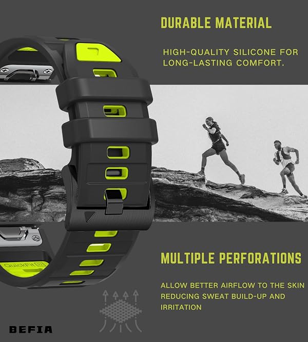 BEFIA 22mm Watch Band for Garmin fenix 8 47mm 5 6 fenix 7 sapphire solar band Quick Fit 22 Watch Bands for Garmin Watch Forerunner 965 955 epix gen 2 47mm Strap Comfort for Men Women Black Green by BEFIA - Used condition - Image 6