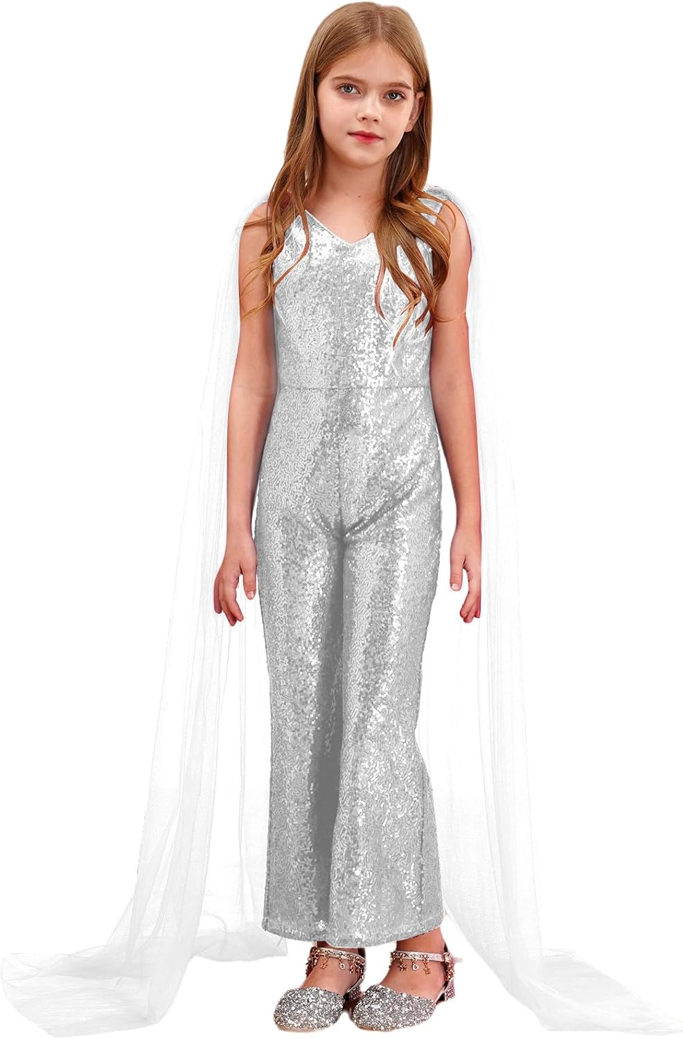 JEYPINMI Kids Girls Sparkly Sequins Jumpsuit Sleeveless Wide Leg Pants Romper Wedding Birthday Party Gowns