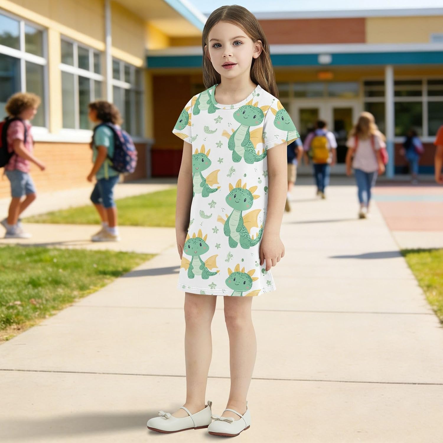 Green Dragon Girls Dresses Summer Dresses for Girls with Cotton Short Sleeves for Casual a Line Dress Size 2-8Y