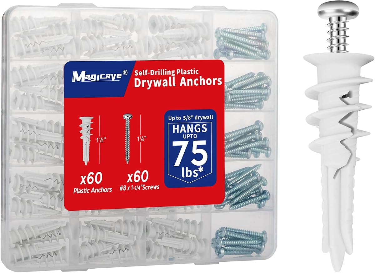 Self Drilling Drywall Anchors with Screws Kit 120 Pcs, No Pre Drill Required, Heavy Duty Holds Up to 75 LB, #8 x 1-1/4, for Sheetrock Shelves and Mirrors